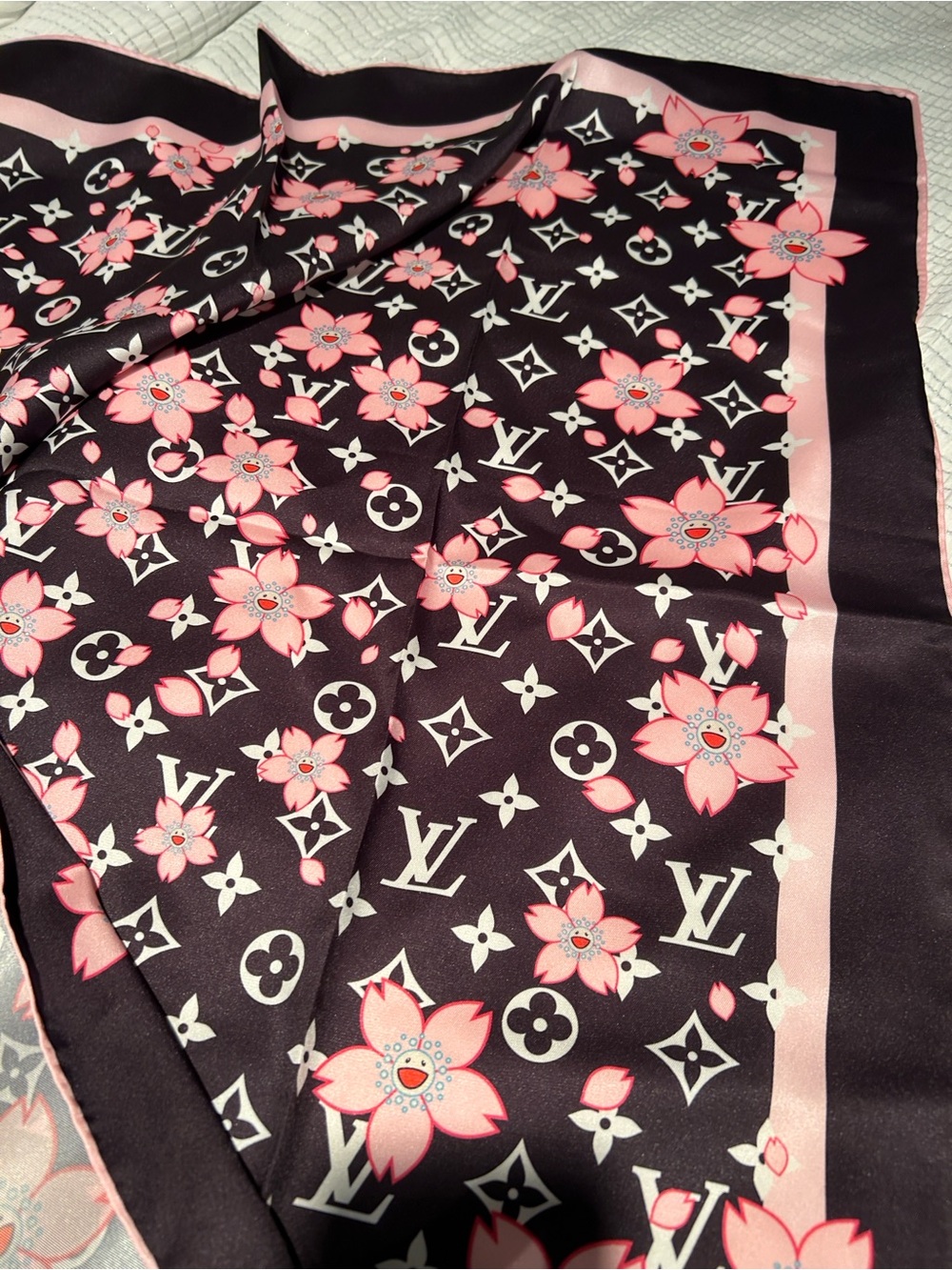 Louis Vuitton Black & Pink Monogram Floral Silk Scarf with Silver Accents - Picture 3 of 4